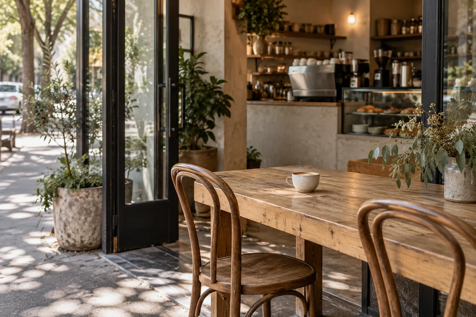 AI-generated illustration of a welcoming café doorway; not an actual BLAX location