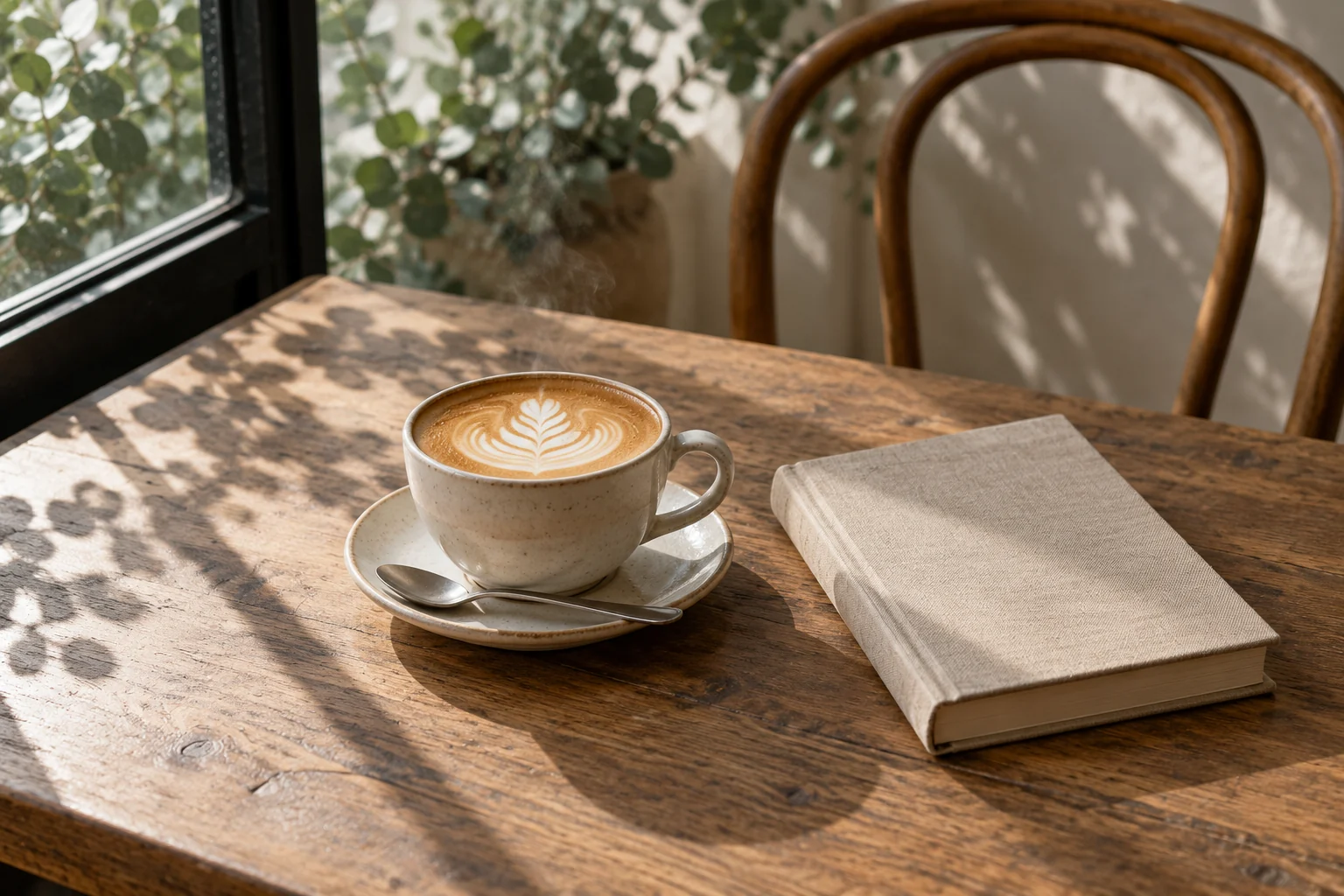 AI-generated illustration of a quiet coffee and book by a café window